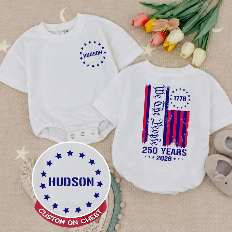 Custom Baby Bubble Romper with Patriotic Stars & Stripes, 250th Anniversary Print, Soft Cotton Toddler Tee for Matching Family Outfits