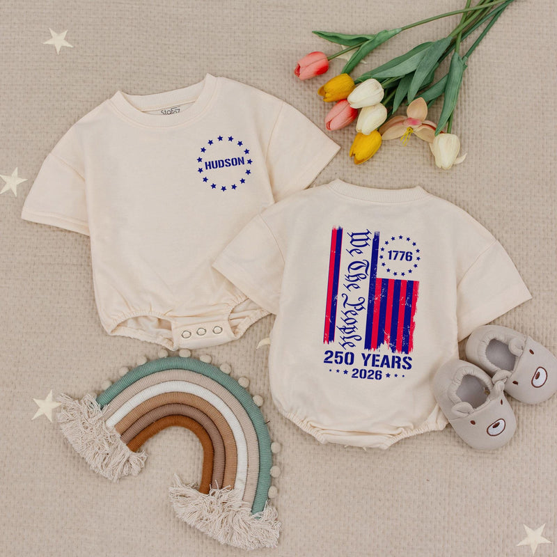 Custom Baby Bubble Romper with Patriotic Stars & Stripes, 250th Anniversary Print, Soft Cotton Toddler Tee for Matching Family Outfits