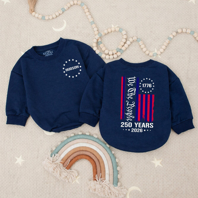Custom Baby Bubble Romper with Patriotic Stars & Stripes, 250th Anniversary Print, Soft Cotton Toddler Tee for Matching Family Outfits