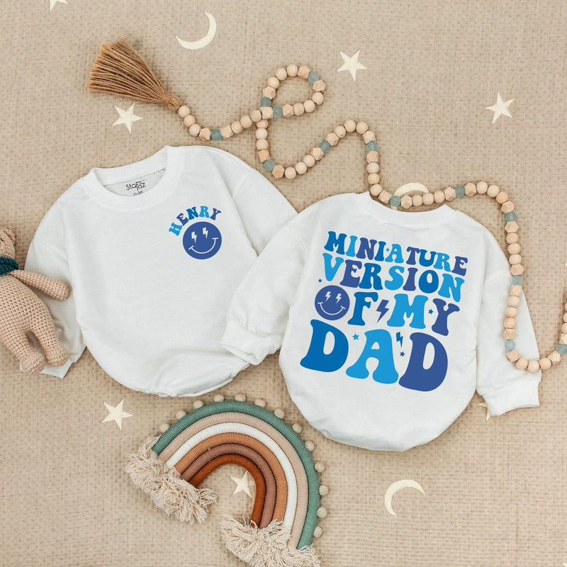 Custom Baby Bubble Romper with Retro Smiley Face Design, Miniature Version of My Dad Outfit, Cotton Infant Clothes Gender Reveal Gift