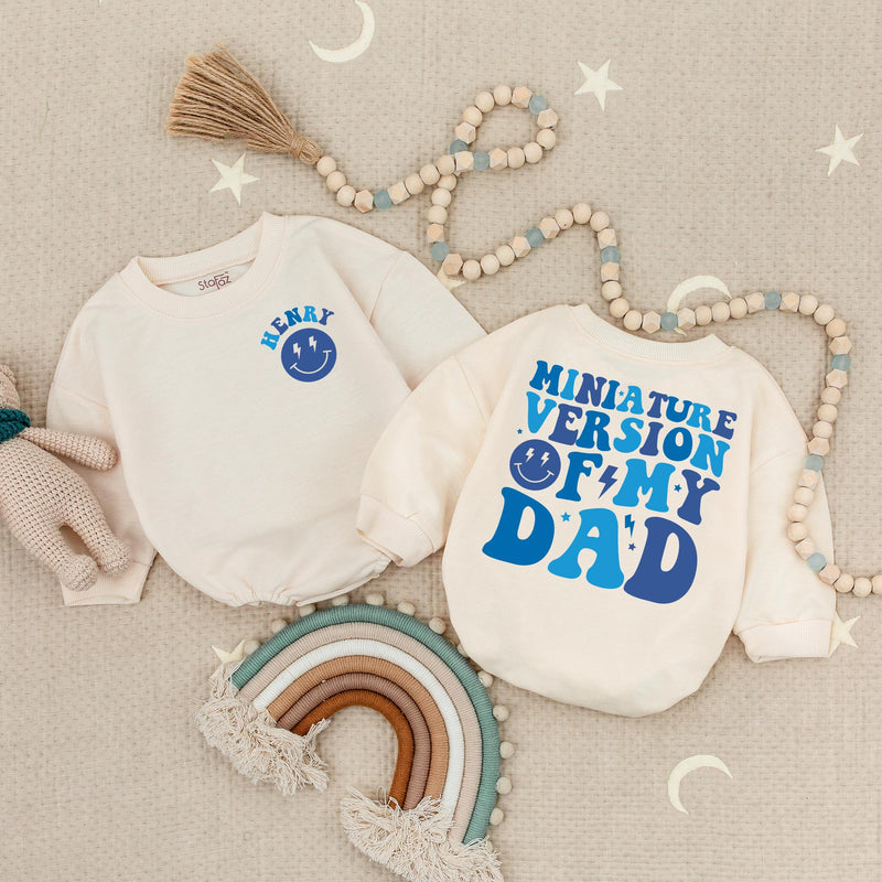 Custom Baby Bubble Romper with Retro Smiley Face Design, Miniature Version of My Dad Outfit, Cotton Infant Clothes Gender Reveal Gift