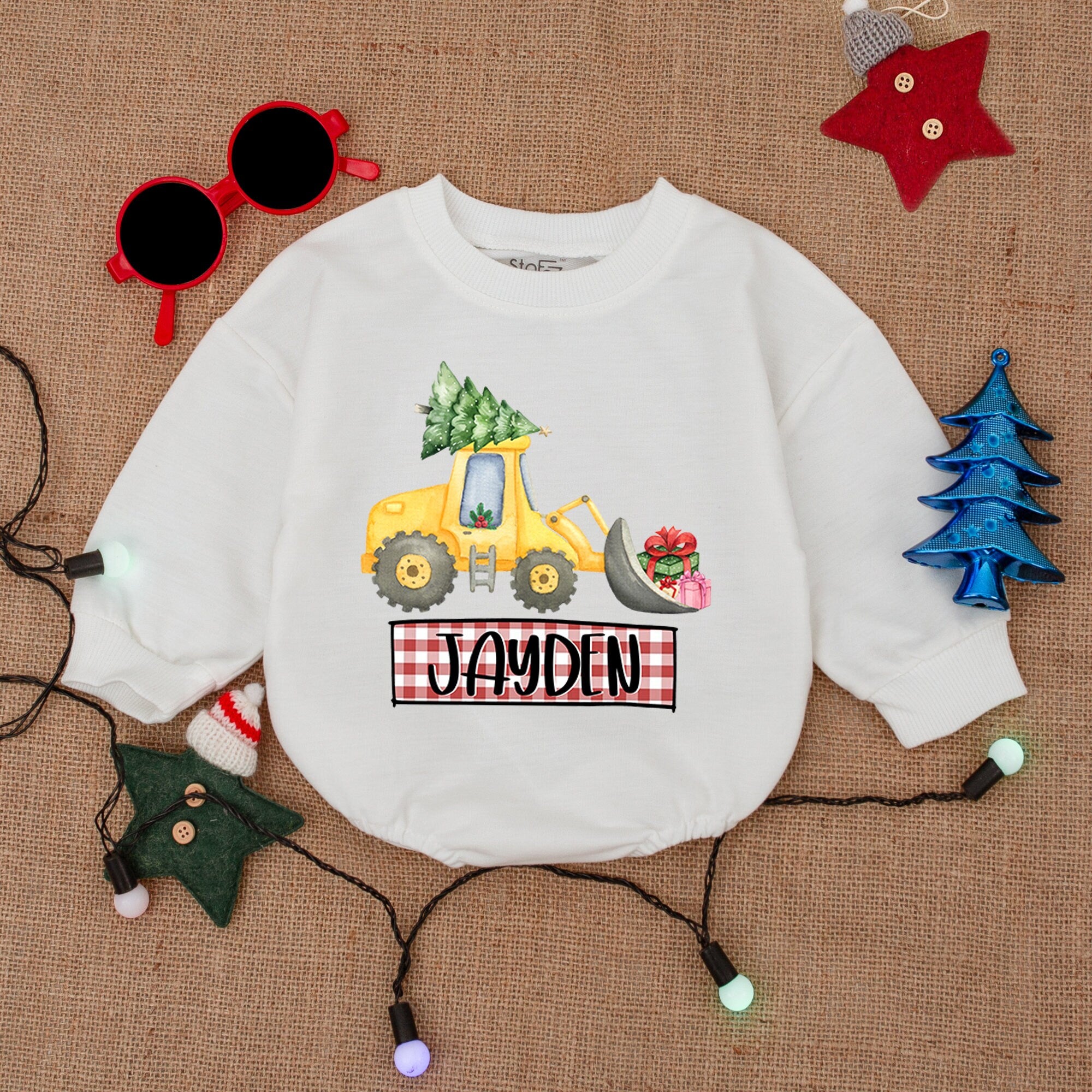 Custom Baby Christmas Bodysuit with Festive Excavator and Tree Holiday Romper Personalized Name Plaid Background Infant Boy Girl Outfit
