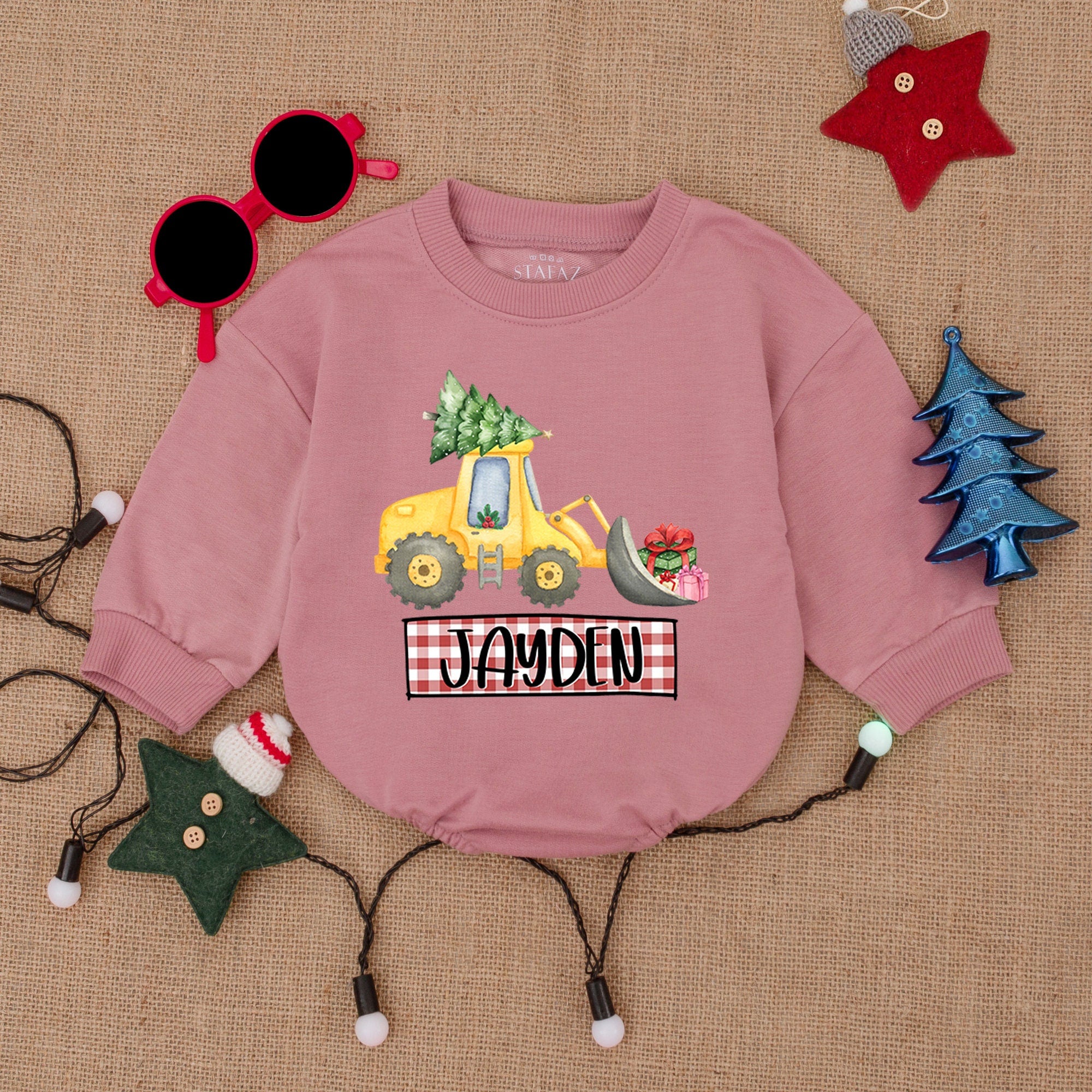 Custom Baby Christmas Bodysuit with Festive Excavator and Tree Holiday Romper Personalized Name Plaid Background Infant Boy Girl Outfit