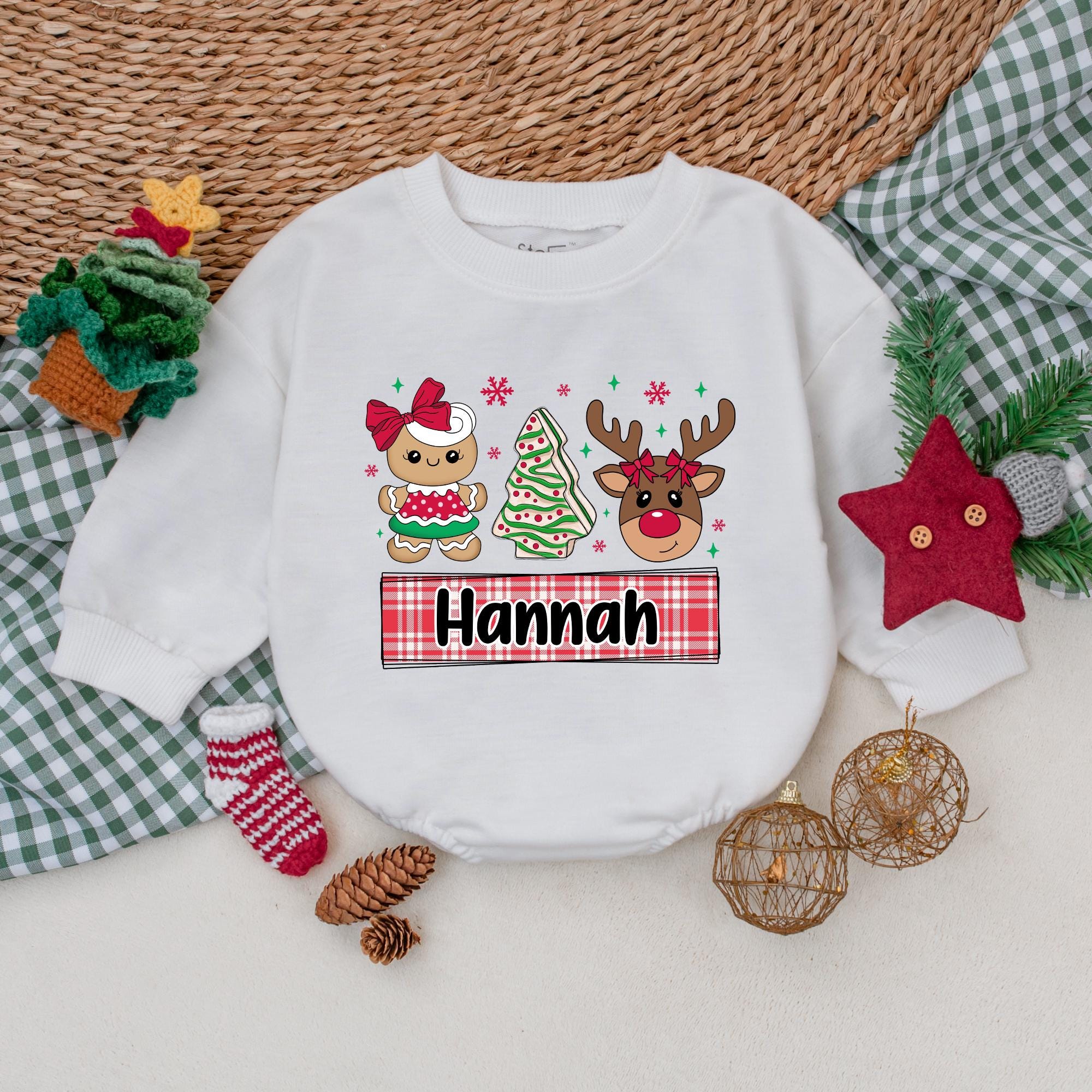 Custom Baby Christmas Romper with Gingerbread and Reindeer Design Personalized Holiday Outfit for Girls First Christmas Vintage Style