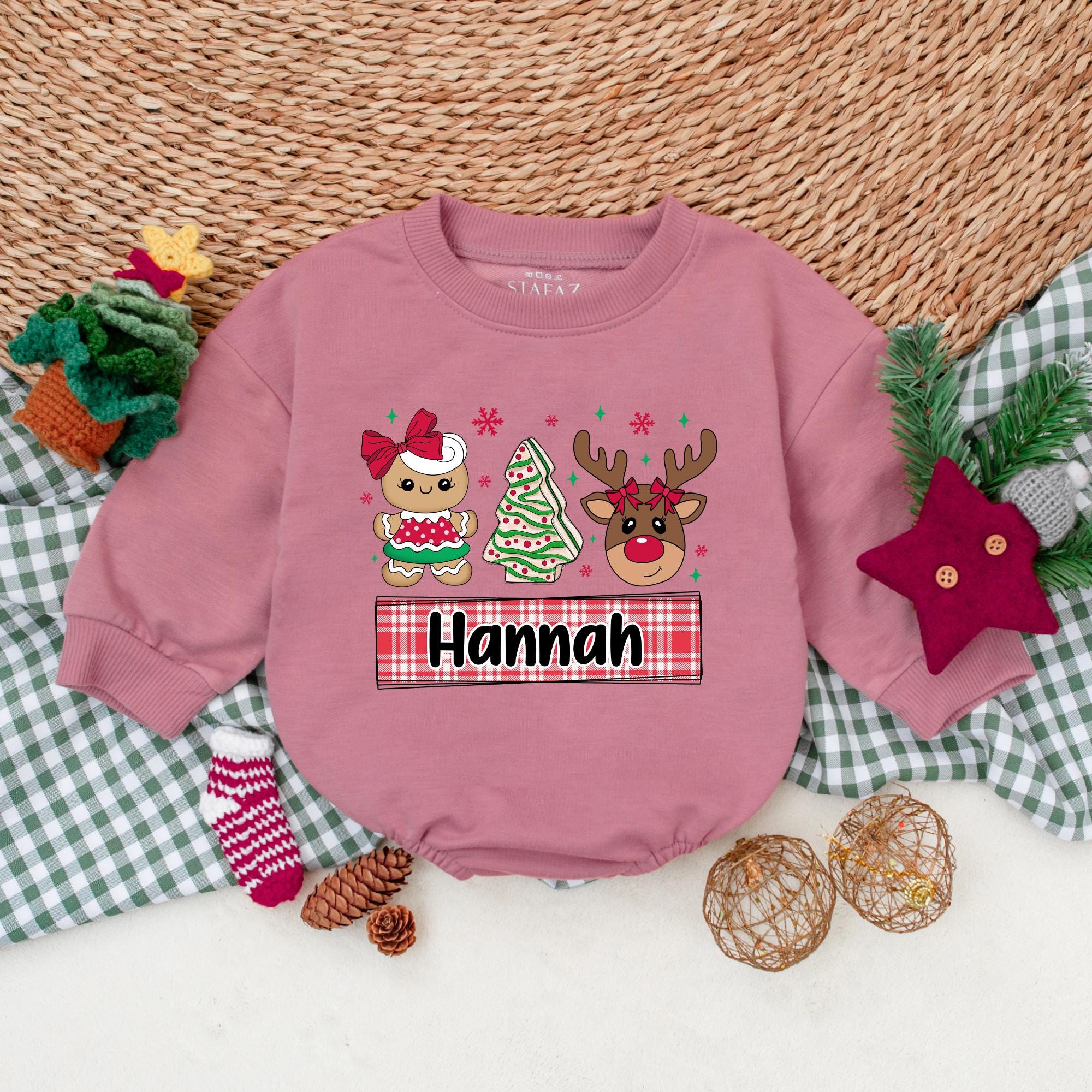 Custom Baby Christmas Romper with Gingerbread and Reindeer Design Personalized Holiday Outfit for Girls First Christmas Vintage Style