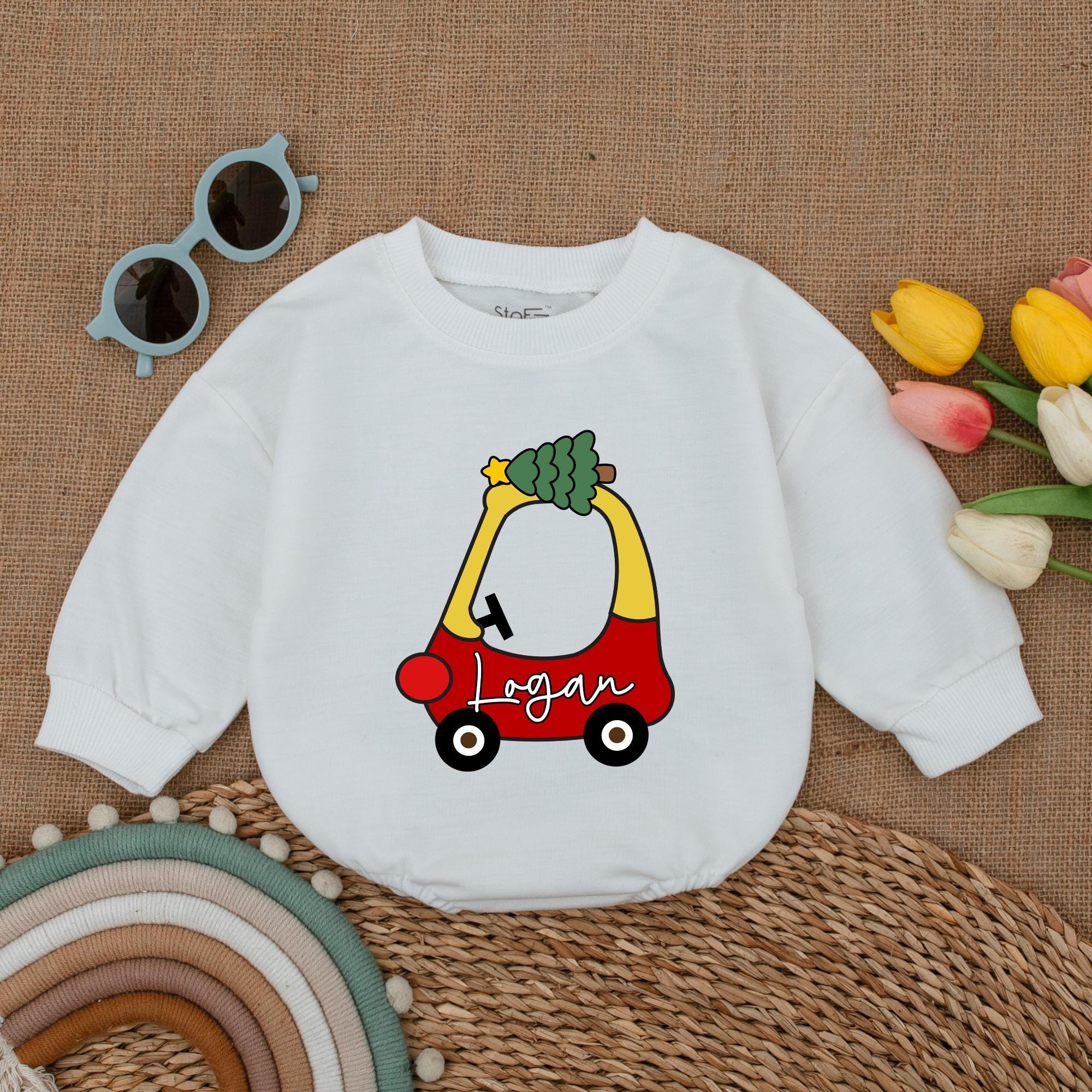 Custom Baby Christmas Romper Red Car Design with Green Tree Logan's First Holiday Outfit Soft Cotton Vintage Inspired Personalized Gift