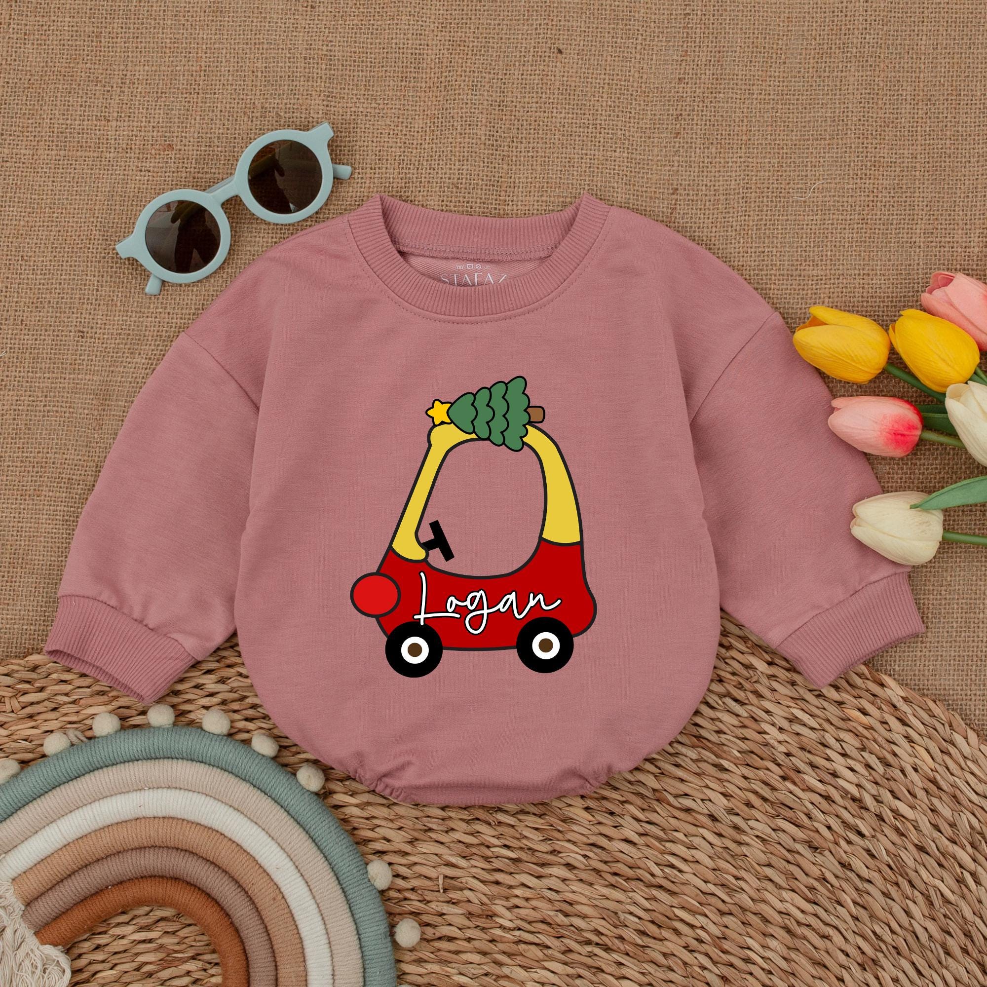 Custom Baby Christmas Romper Red Car Design with Green Tree Logan's First Holiday Outfit Soft Cotton Vintage Inspired Personalized Gift