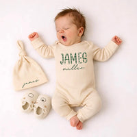 Custom Baby Coming Home Outfit with Name, Beige Cotton Bodysuit & Hat Set, Newborn Boy Clothes for Hospital Photos & Milestone Moments
