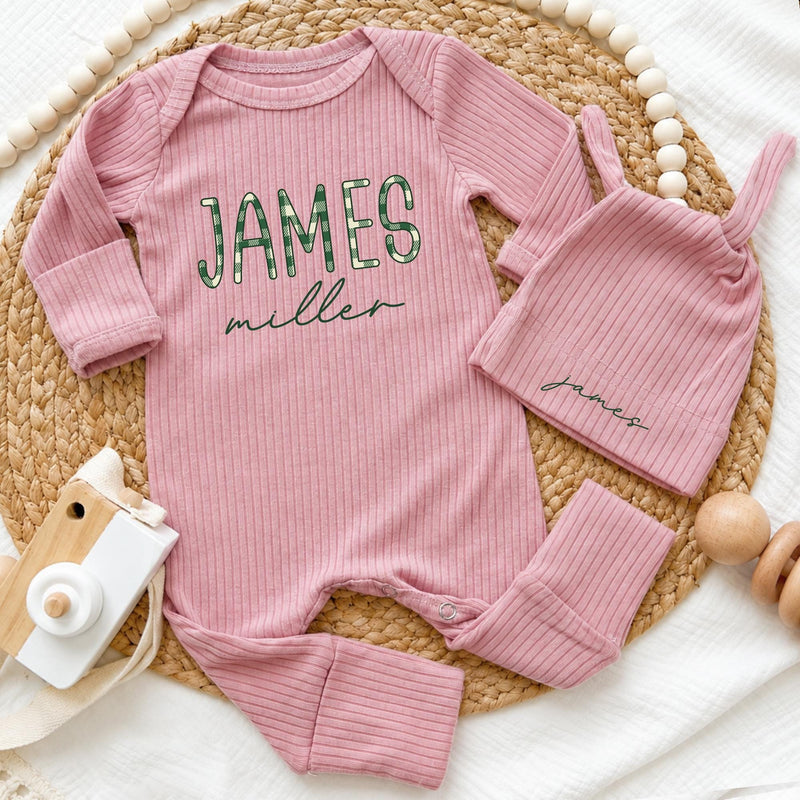 Custom Baby Coming Home Outfit with Name, Beige Cotton Bodysuit & Hat Set, Newborn Boy Clothes for Hospital Photos & Milestone Moments