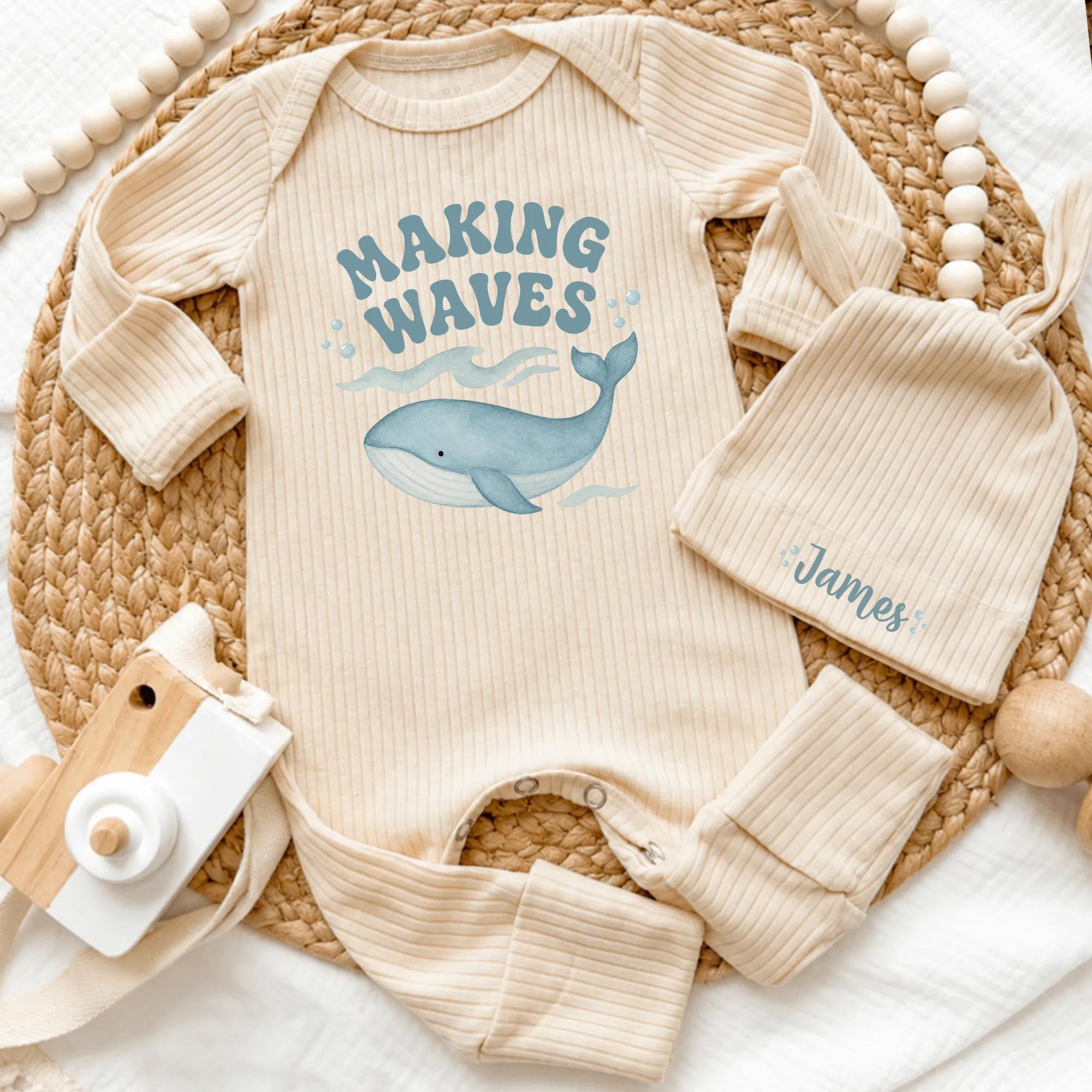 Custom Baby Coming Home Outfit with Whale Artwork, Ribbed Bodysuit and Hat Set, Soft Cotton Newborn Romper for Hospital Homecoming