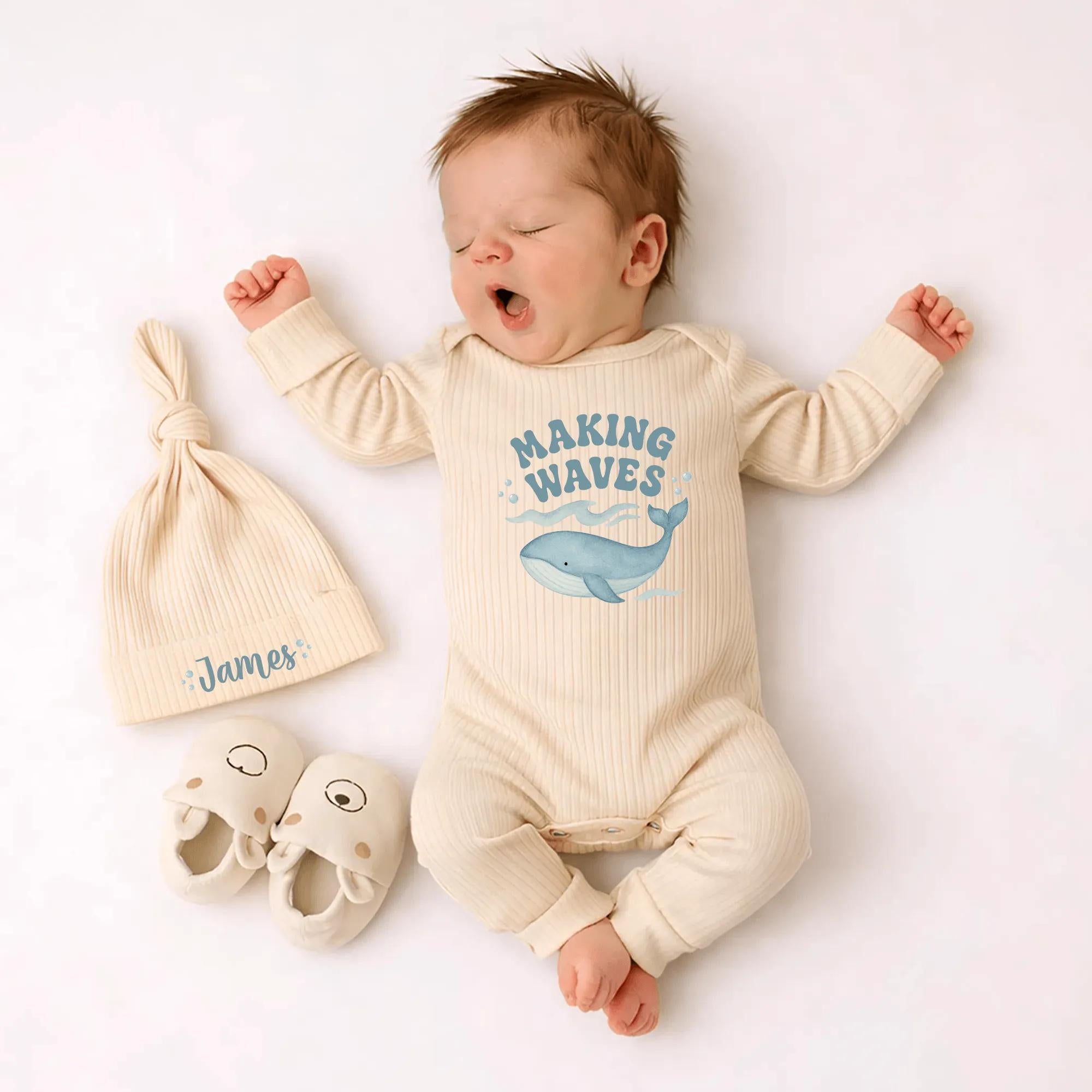 Custom Baby Coming Home Outfit with Whale Artwork, Ribbed Bodysuit and Hat Set, Soft Cotton Newborn Romper for Hospital Homecoming