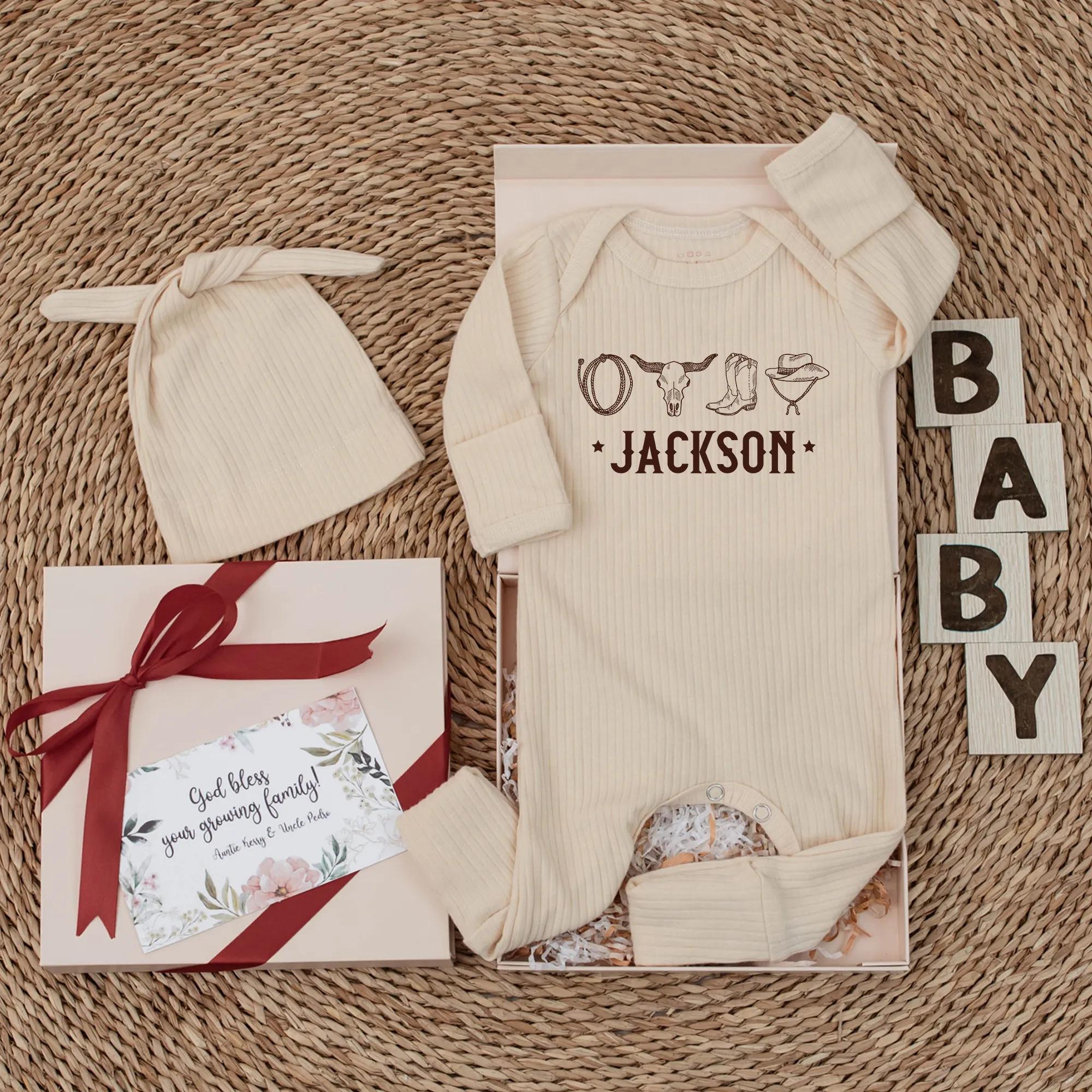 Custom Baby Cowboy Bodysuit Personalized Western Theme Gift with Cowboy Hat Horseshoe Longhorn Star Design for Baby Boy Shower