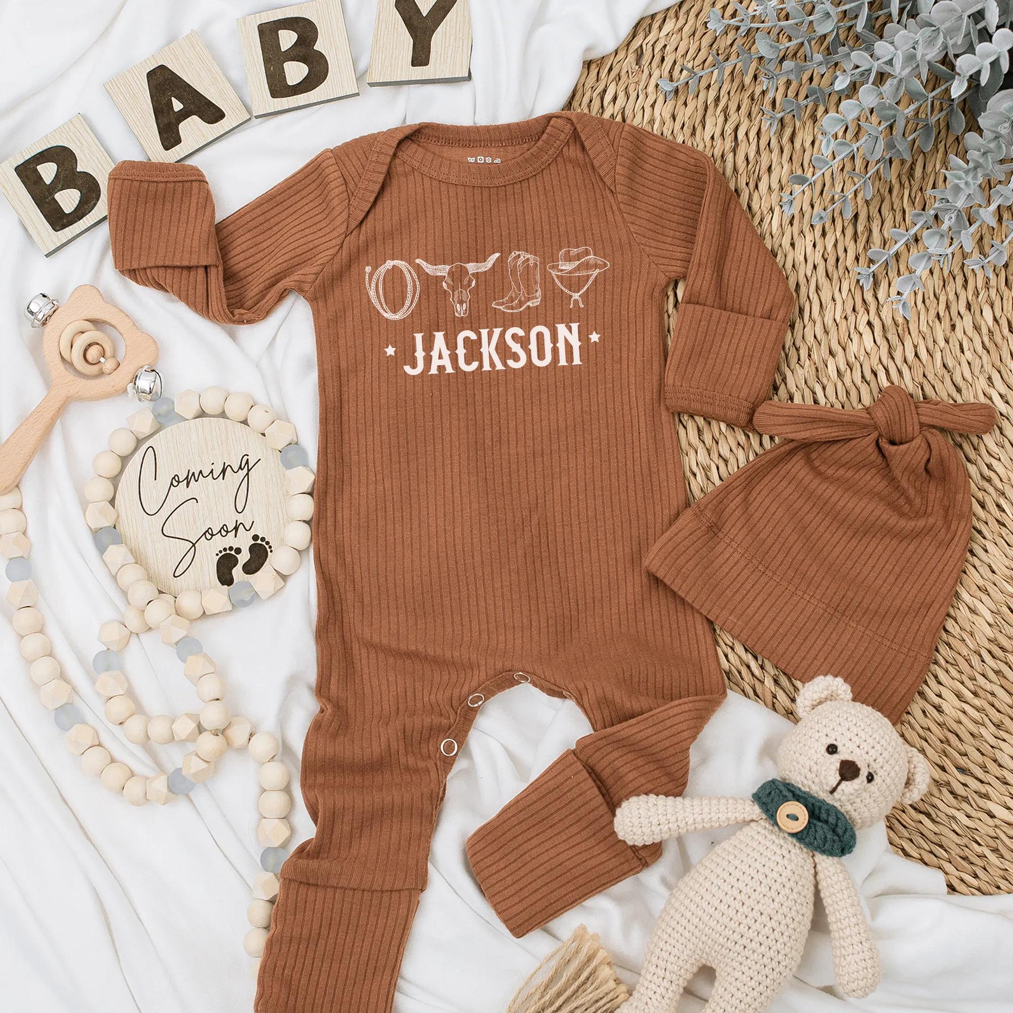 Custom Baby Cowboy Bodysuit Personalized Western Theme Gift with Cowboy Hat Horseshoe Longhorn Star Design for Baby Boy Shower