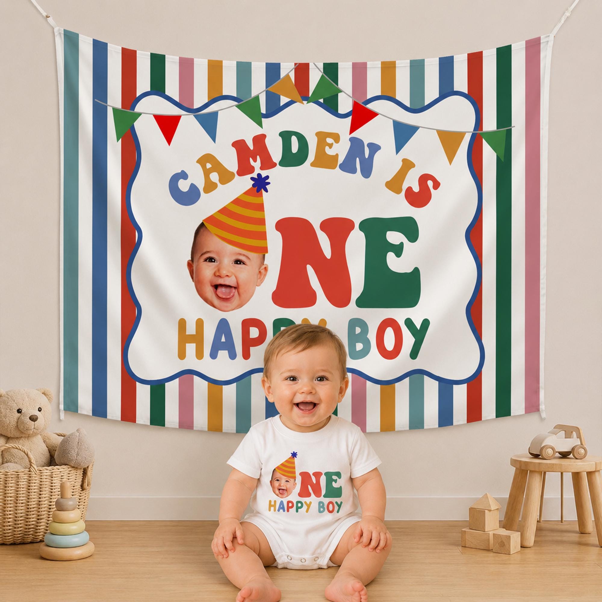 Custom Baby Face 1st Birthday Romper with Striped Happy Boy Design Personalized Outfit for Infant Party Cotton Soft Comfortable Gift