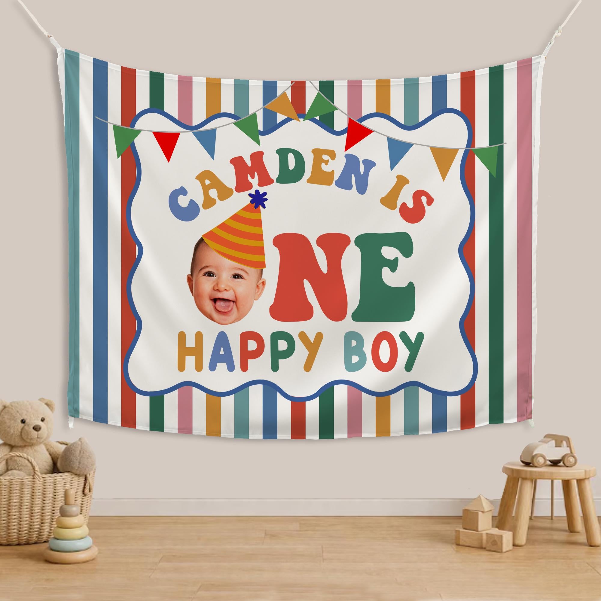 Custom Baby Face 1st Birthday Romper with Striped Happy Boy Design Personalized Outfit for Infant Party Cotton Soft Comfortable Gift