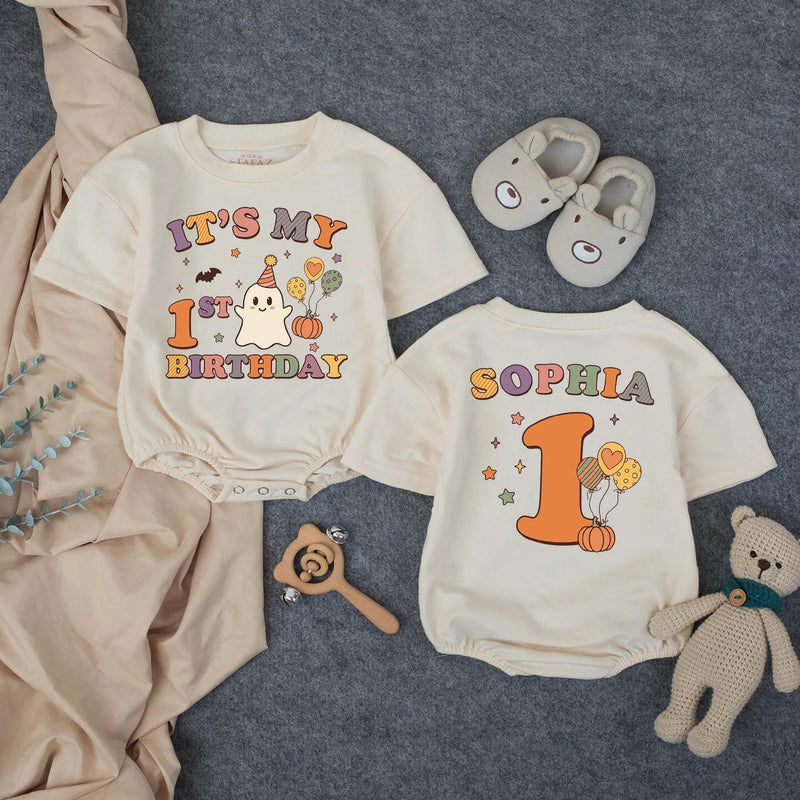 Custom Baby First Halloween Birthday Romper with Retro Ghost, Pumpkins & Stars, Matching Family Outfit, Soft Cotton for Milestone Photos