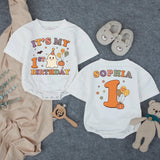 Custom Baby First Halloween Birthday Romper with Retro Ghost, Pumpkins & Stars, Matching Family Outfit, Soft Cotton for Milestone Photos