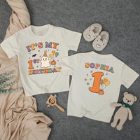 Custom Baby First Halloween Birthday Romper with Retro Ghost, Pumpkins & Stars, Matching Family Outfit, Soft Cotton for Milestone Photos