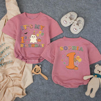Custom Baby First Halloween Birthday Romper with Retro Ghost, Pumpkins & Stars, Matching Family Outfit, Soft Cotton for Milestone Photos