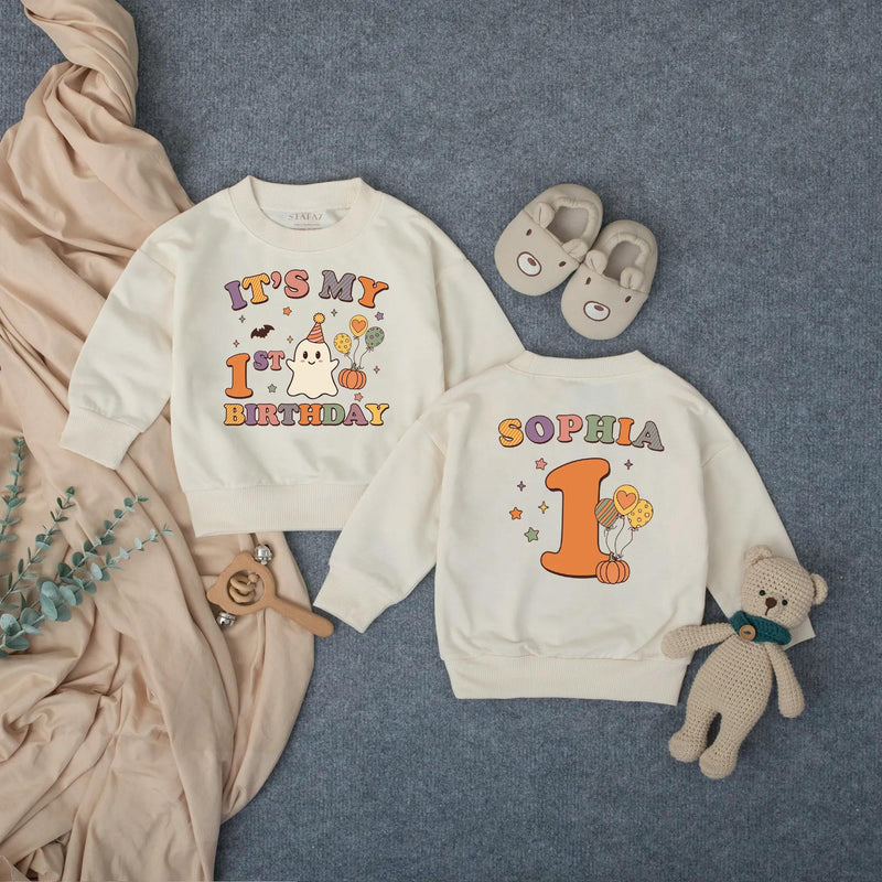 Custom Baby First Halloween Birthday Romper with Retro Ghost, Pumpkins & Stars, Matching Family Outfit, Soft Cotton for Milestone Photos