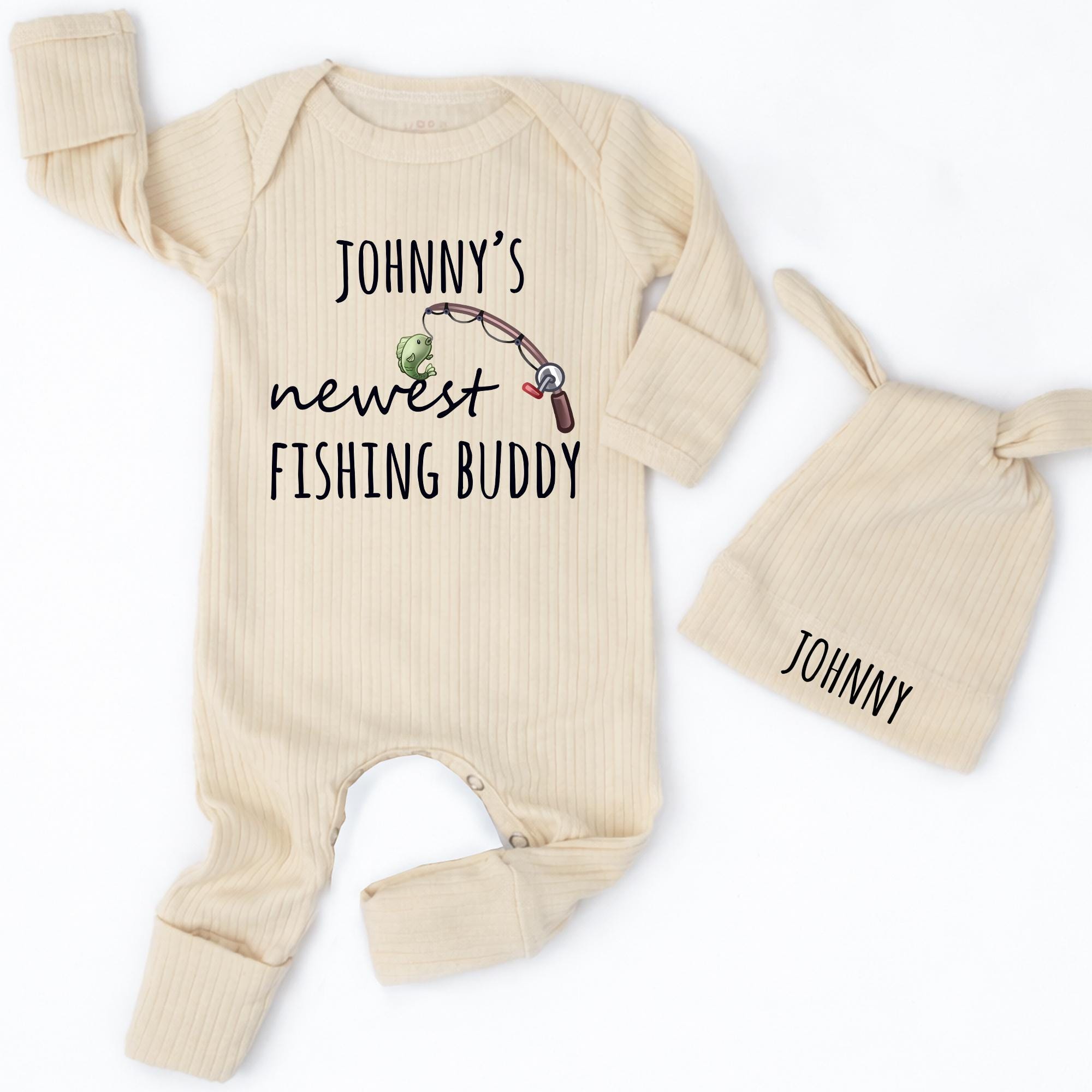 Custom Baby Fishing Buddy Bodysuit with Hat, Personalized Infant Outfit, Soft Cotton Newborn Coming Home Clothes, Baby Shower Gift