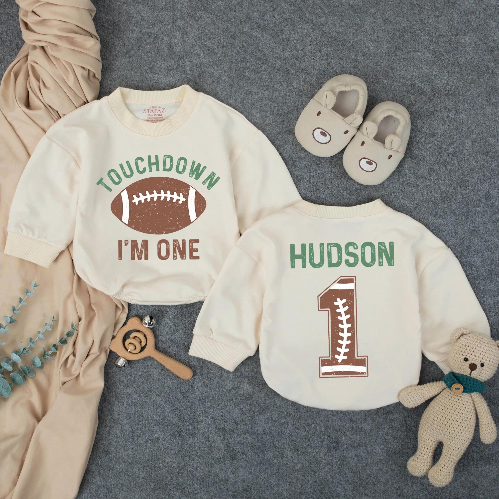 Custom Baby Football 1st Birthday Romper with Touchdown I'm One Design, Long Sleeve Soft Cotton Outfit for Boys, Perfect for Milestone Photos