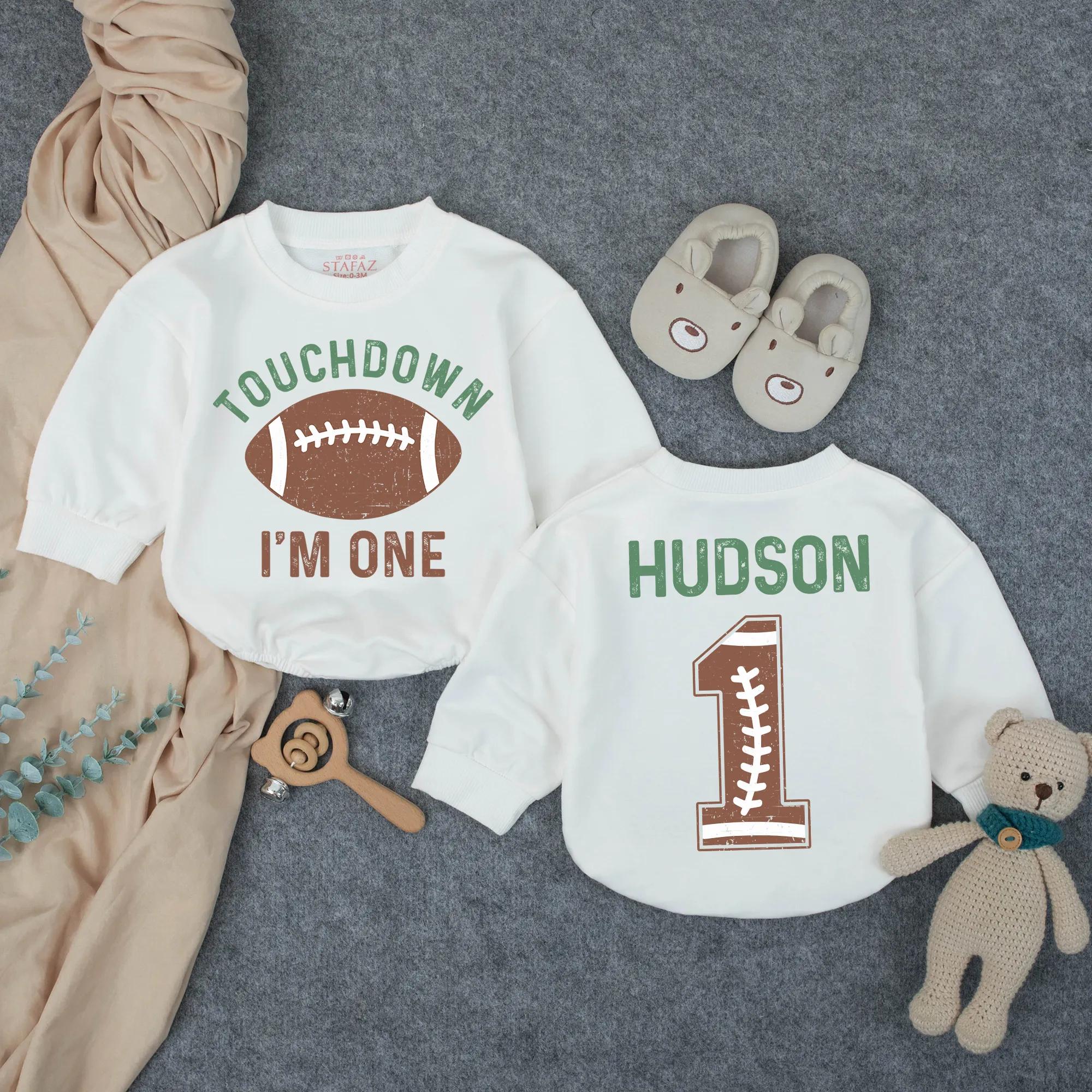 Custom Baby Football 1st Birthday Romper with Touchdown I'm One Design, Long Sleeve Soft Cotton Outfit for Boys, Perfect for Milestone Photos