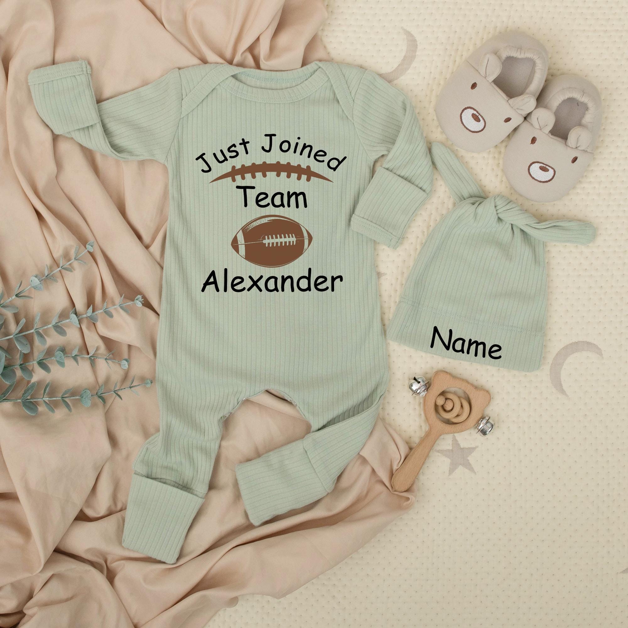 Custom Baby Football Bodysuit Set with Hat - Just Joined Team Design - Soft Cotton Newborn Outfit for Baby Shower or Pregnancy Announcement