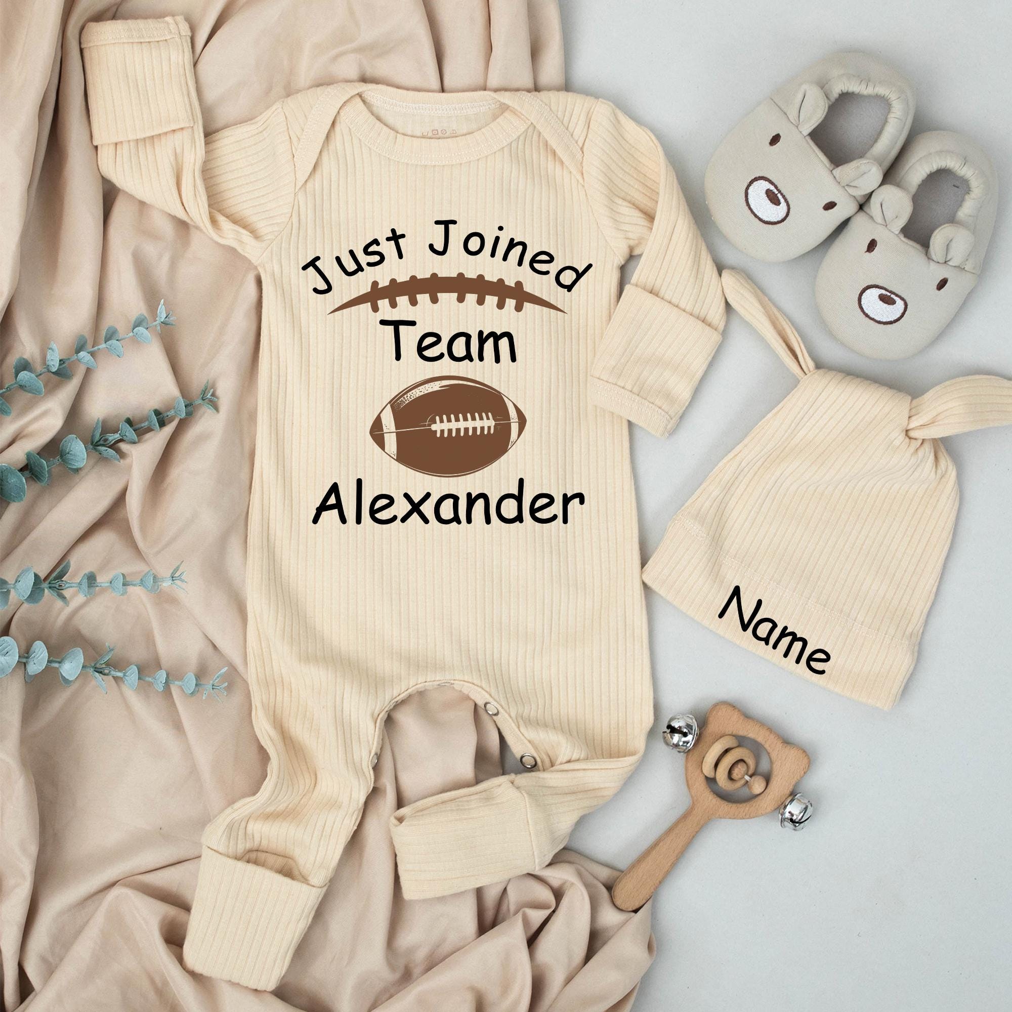 Custom Baby Football Bodysuit Set with Hat - Just Joined Team Design - Soft Cotton Newborn Outfit for Baby Shower or Pregnancy Announcement