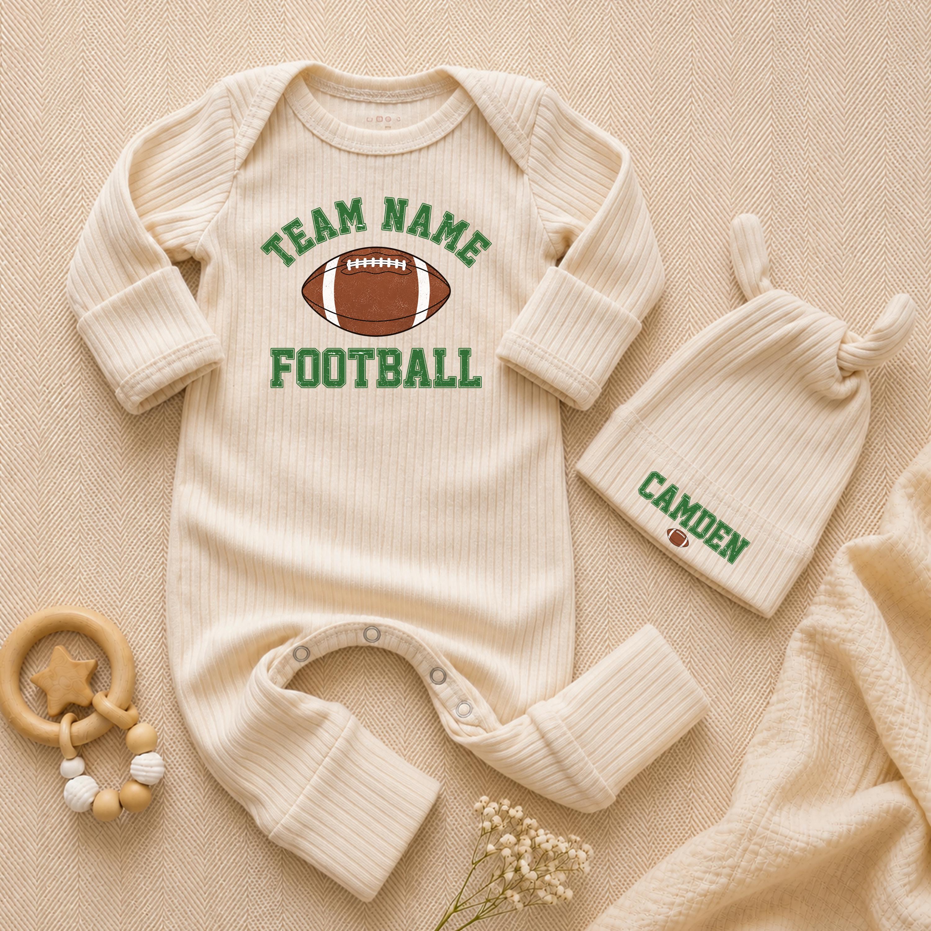 Custom Baby Football Bodysuit with Team Name and Hat, Personalized Game Day Outfit, Soft Cotton Long Sleeve Romper for Boys or Girls