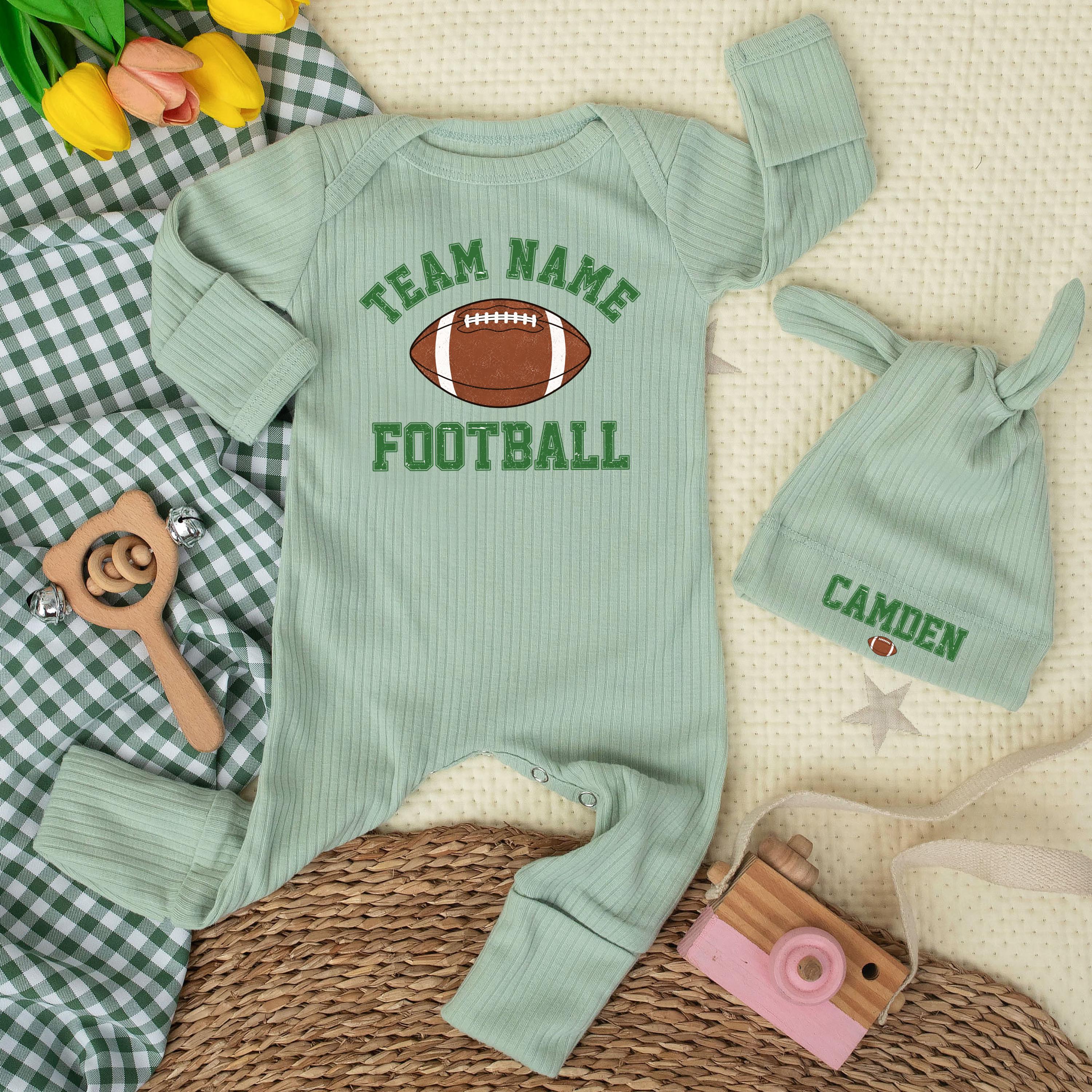 Custom Baby Football Bodysuit with Team Name and Hat, Personalized Game Day Outfit, Soft Cotton Long Sleeve Romper for Boys or Girls