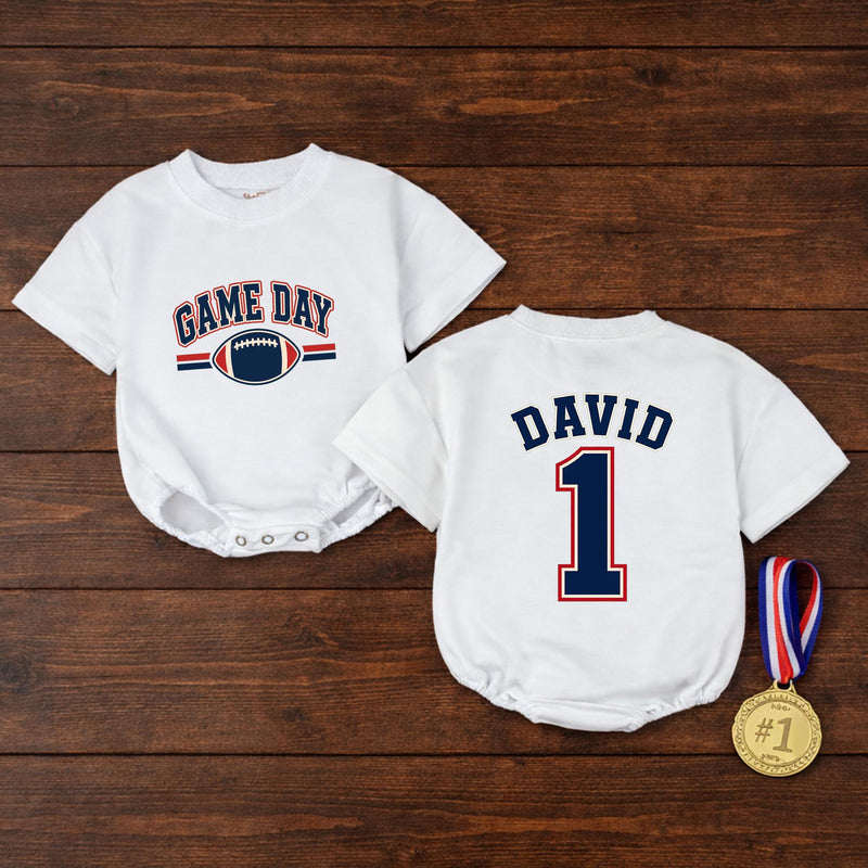 Custom Baby Football Romper with Name & Number, Game Day Outfit for Boys, Personalized Matching Family Sports Bodysuit, Soft Cotton