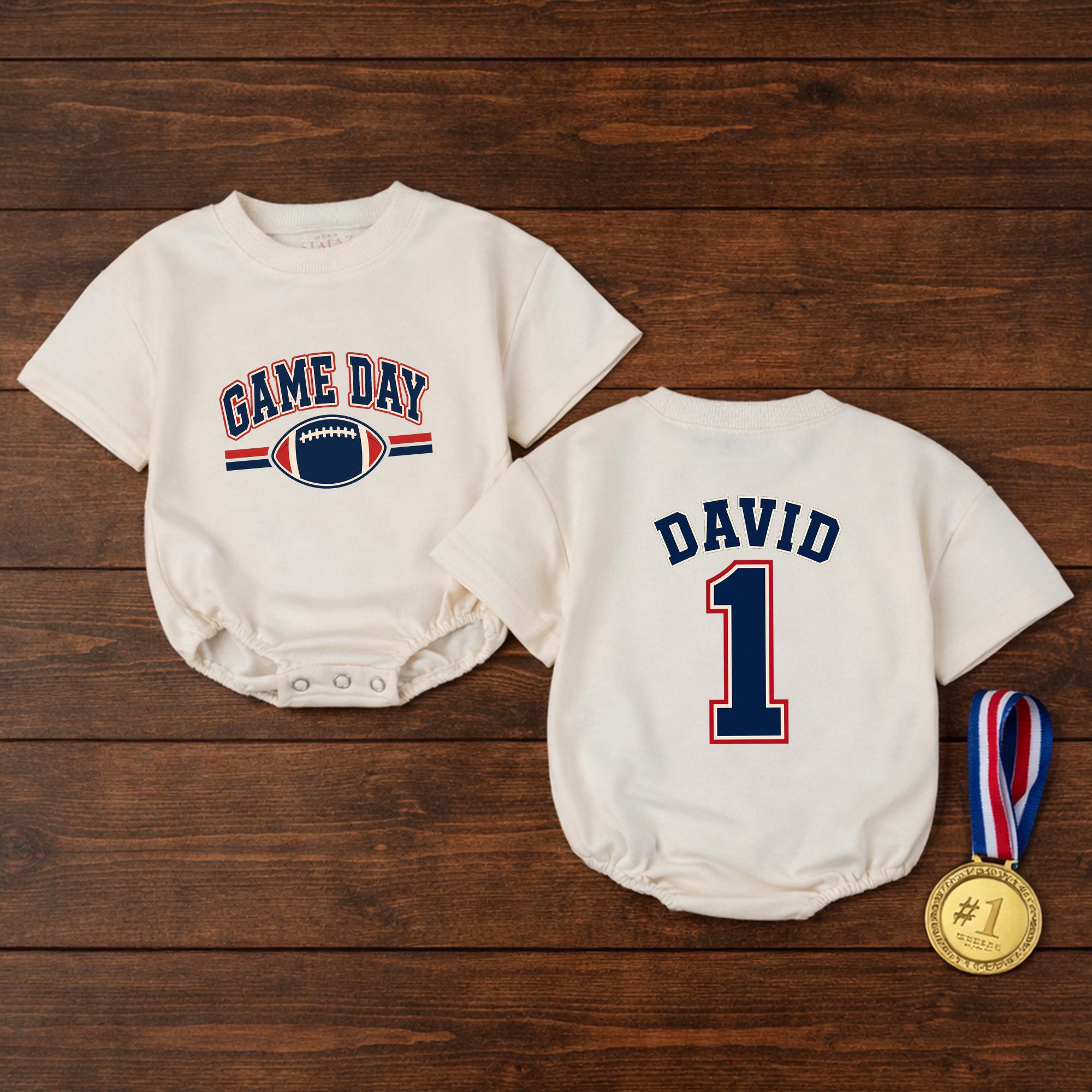 Custom Baby Football Romper with Name & Number, Game Day Outfit for Boys, Personalized Matching Family Sports Bodysuit, Soft Cotton