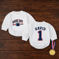 Custom Baby Football Romper with Name & Number, Game Day Outfit for Boys, Personalized Matching Family Sports Bodysuit, Soft Cotton