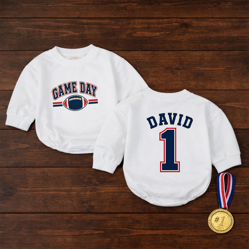 Custom Baby Football Romper with Name & Number, Game Day Outfit for Boys, Personalized Matching Family Sports Bodysuit, Soft Cotton