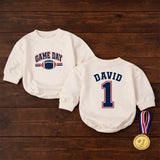 Custom Baby Football Romper with Name & Number, Game Day Outfit for Boys, Personalized Matching Family Sports Bodysuit, Soft Cotton
