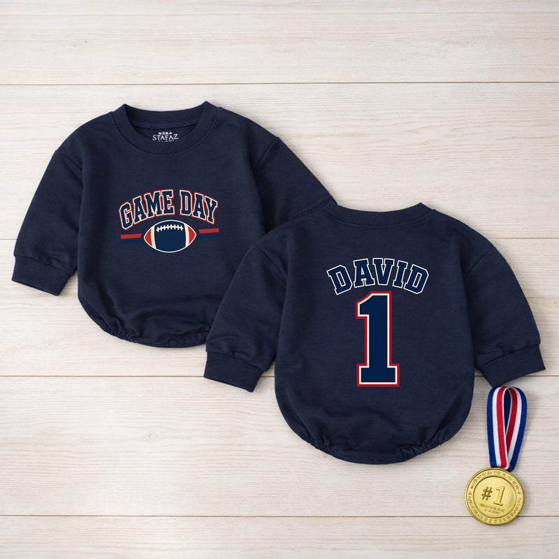 Custom Baby Football Romper with Name & Number, Game Day Outfit for Boys, Personalized Matching Family Sports Bodysuit, Soft Cotton