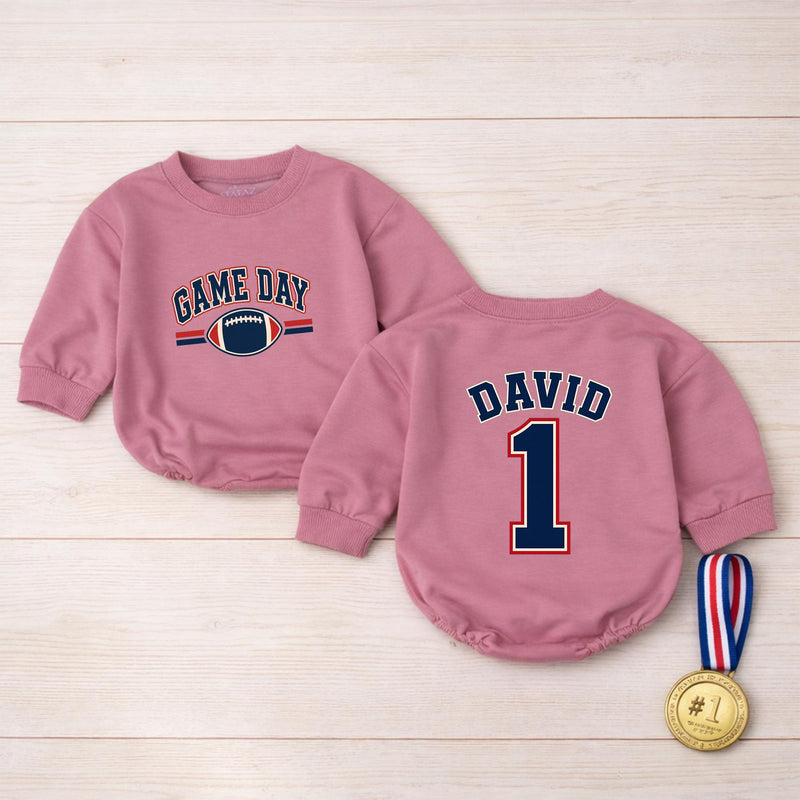 Custom Baby Football Romper with Name & Number, Game Day Outfit for Boys, Personalized Matching Family Sports Bodysuit, Soft Cotton