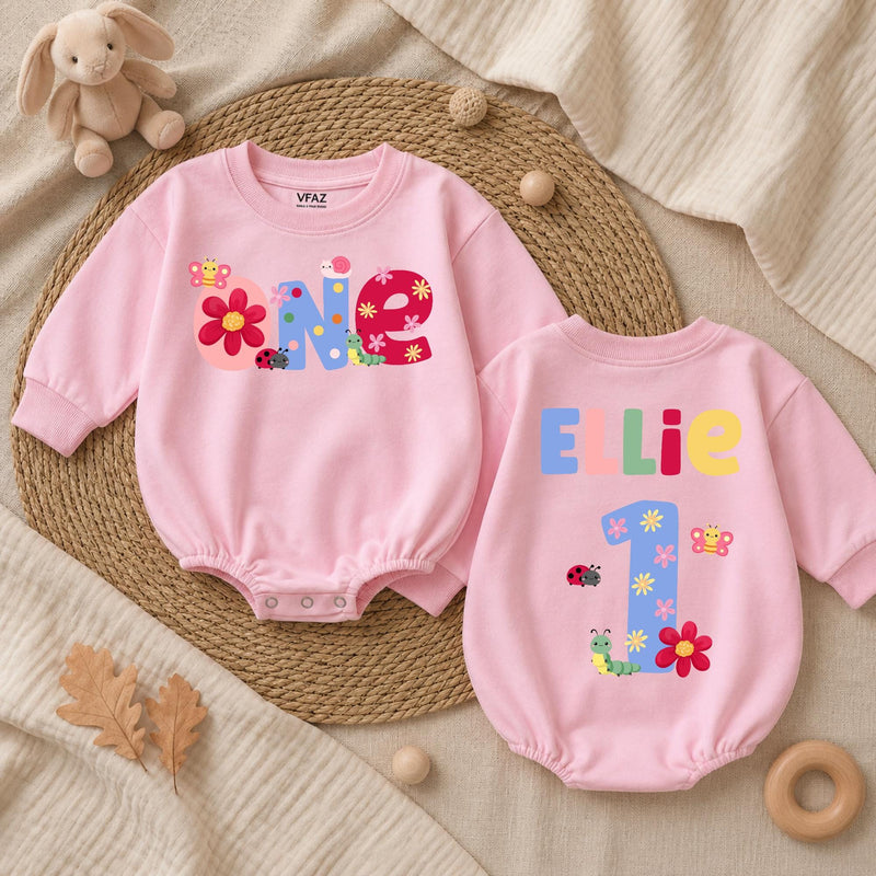Custom Baby Girl 1st Birthday Romper with Floral Butterfly Design, Sweet ONE Bodysuit, Pink Cotton Cake Smash Outfit for Newborns