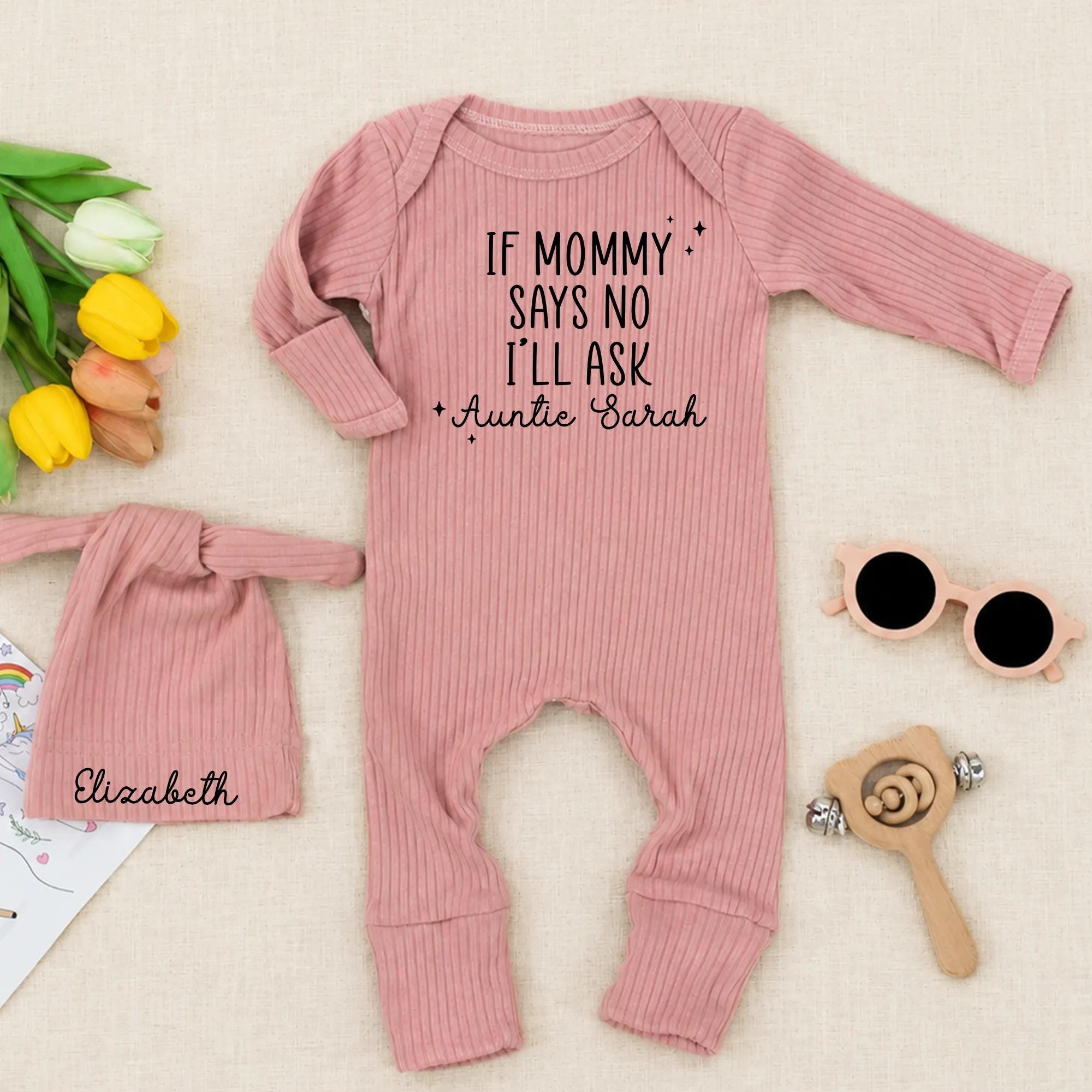 Custom Baby Girl Bodysuit & Hat Set - 'If Mommy Says No I'll Ask Auntie' Quote - Soft Cotton Newborn Outfit - Perfect Baby Shower Gift
