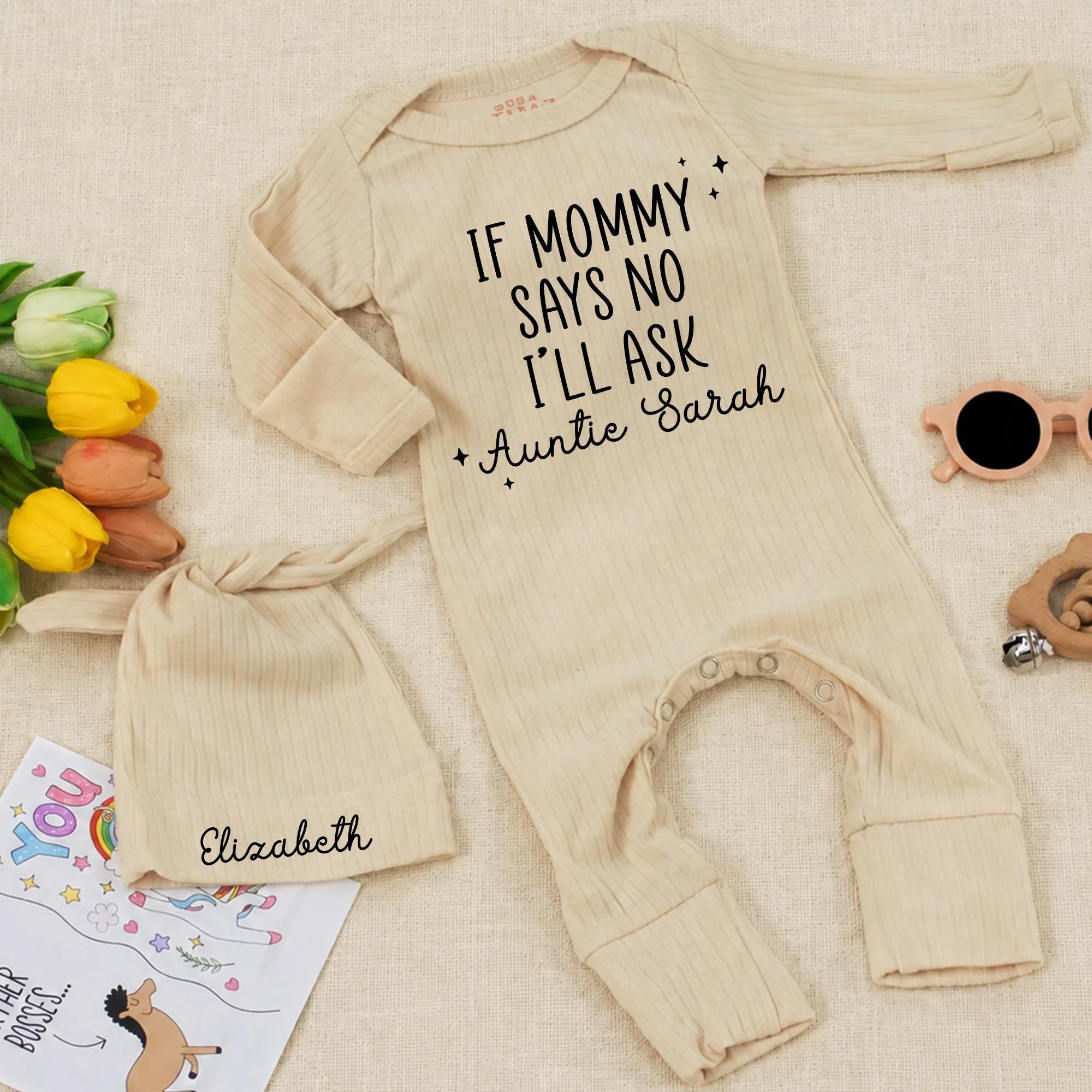 Custom Baby Girl Bodysuit & Hat Set - 'If Mommy Says No I'll Ask Auntie' Quote - Soft Cotton Newborn Outfit - Perfect Baby Shower Gift