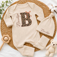 Custom Baby Girl Bodysuit & Hat Set with Leopard Print Initial, Retro Bow, and Name, Soft Cotton Newborn Outfit for Baby Shower or Coming Home