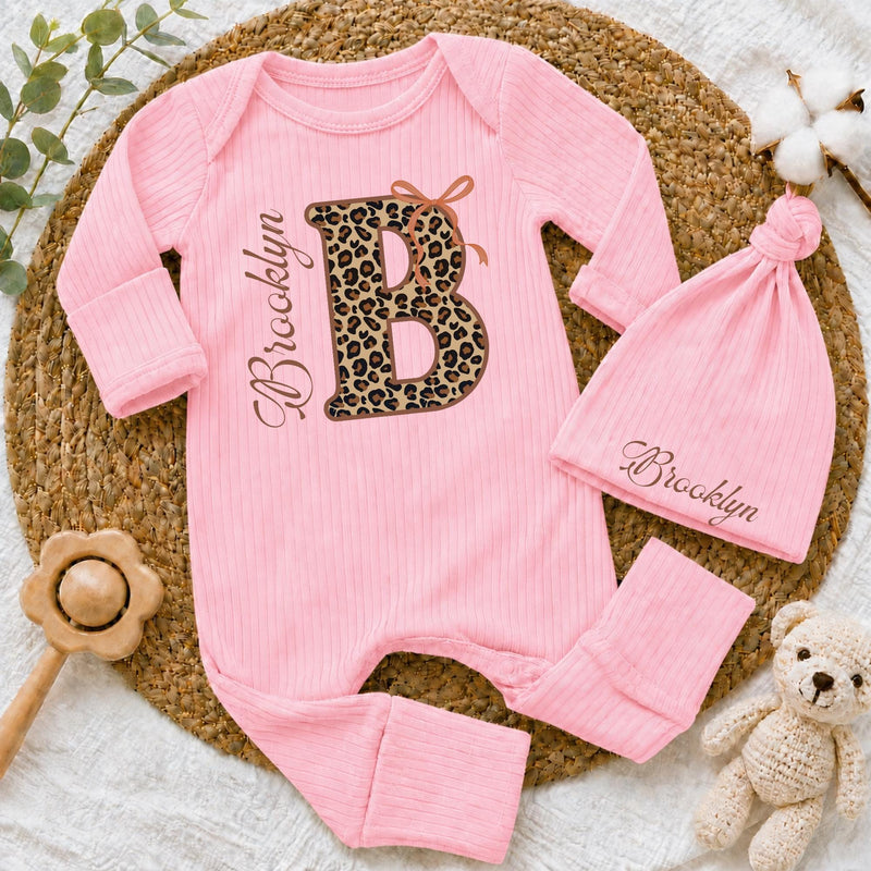 Custom Baby Girl Bodysuit & Hat Set with Leopard Print Initial, Retro Bow, and Name, Soft Cotton Newborn Outfit for Baby Shower or Coming Home