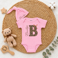 Custom Baby Girl Bodysuit & Hat Set with Leopard Print Initial, Retro Bow, and Name, Soft Cotton Newborn Outfit for Baby Shower or Coming Home