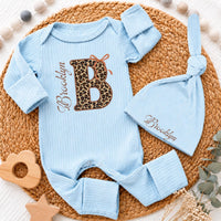 Custom Baby Girl Bodysuit & Hat Set with Leopard Print Initial, Retro Bow, and Name, Soft Cotton Newborn Outfit for Baby Shower or Coming Home