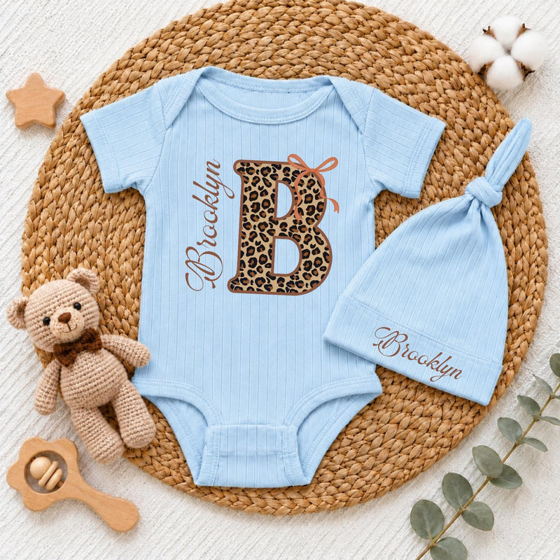 Custom Baby Girl Bodysuit & Hat Set with Leopard Print Initial, Retro Bow, and Name, Soft Cotton Newborn Outfit for Baby Shower or Coming Home