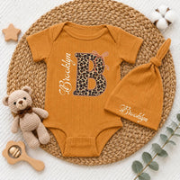 Custom Baby Girl Bodysuit & Hat Set with Leopard Print Initial, Retro Bow, and Name, Soft Cotton Newborn Outfit for Baby Shower or Coming Home