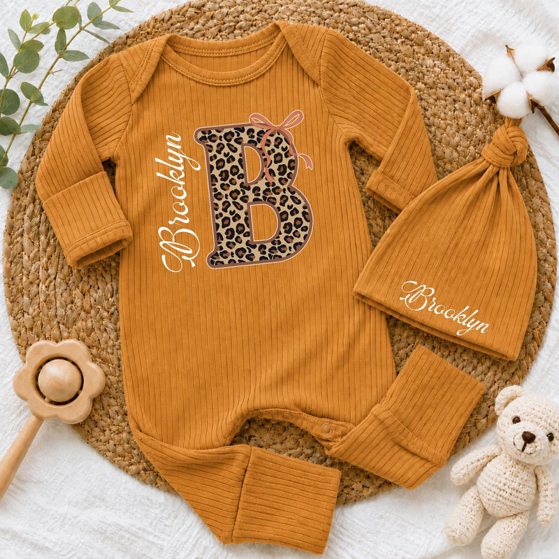 Custom Baby Girl Bodysuit & Hat Set with Leopard Print Initial, Retro Bow, and Name, Soft Cotton Newborn Outfit for Baby Shower or Coming Home
