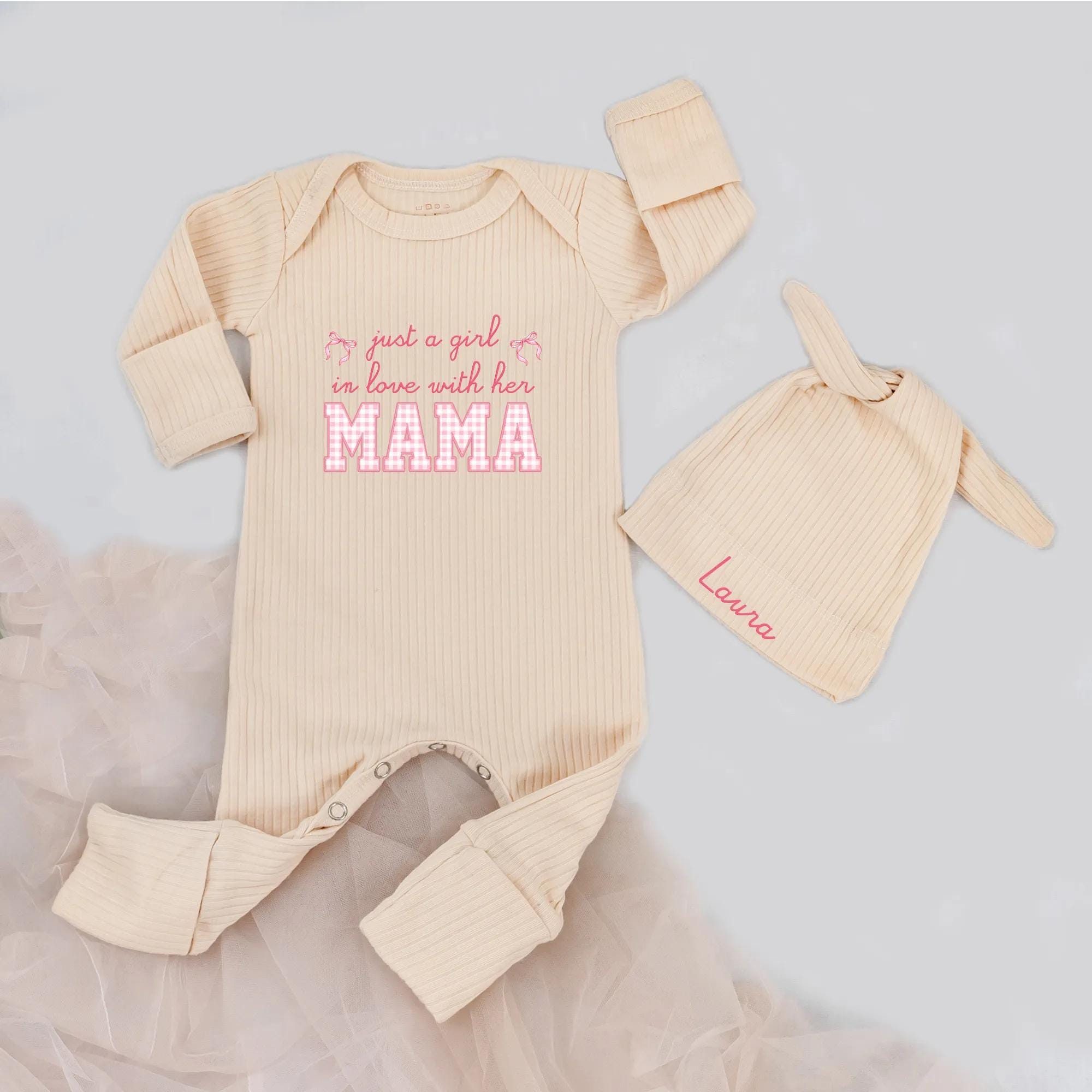 Custom Baby Girl Bodysuit with 'Just a Girl in Love with Her Mama' Quote, Soft Cotton Coming Home Outfit, Baby Shower Gift with Hat Option