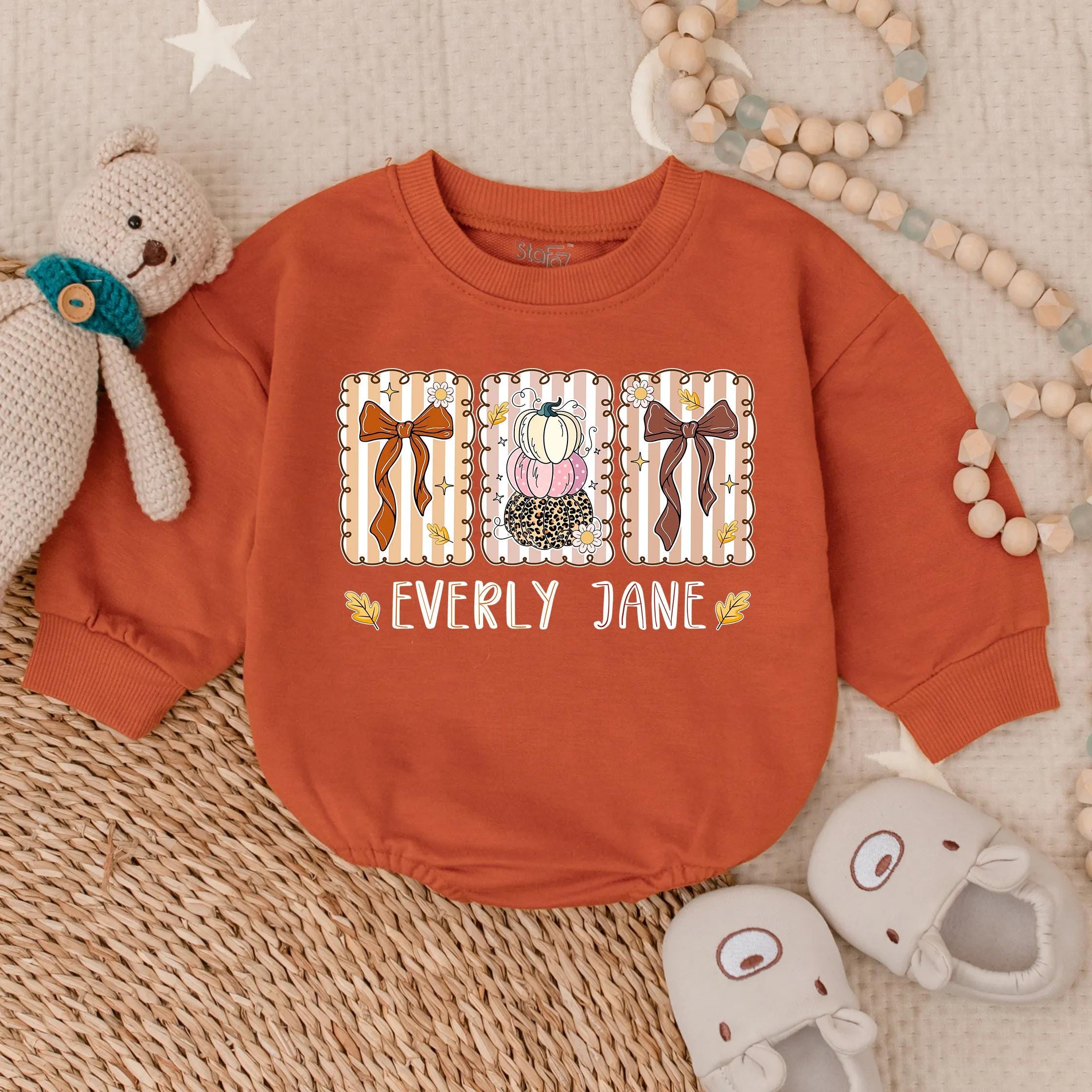 Custom Baby Girl Bubble Romper with Autumn Pumpkin Floral Design Perfect for Fall Holidays and First Thanksgiving Preppy Outfit